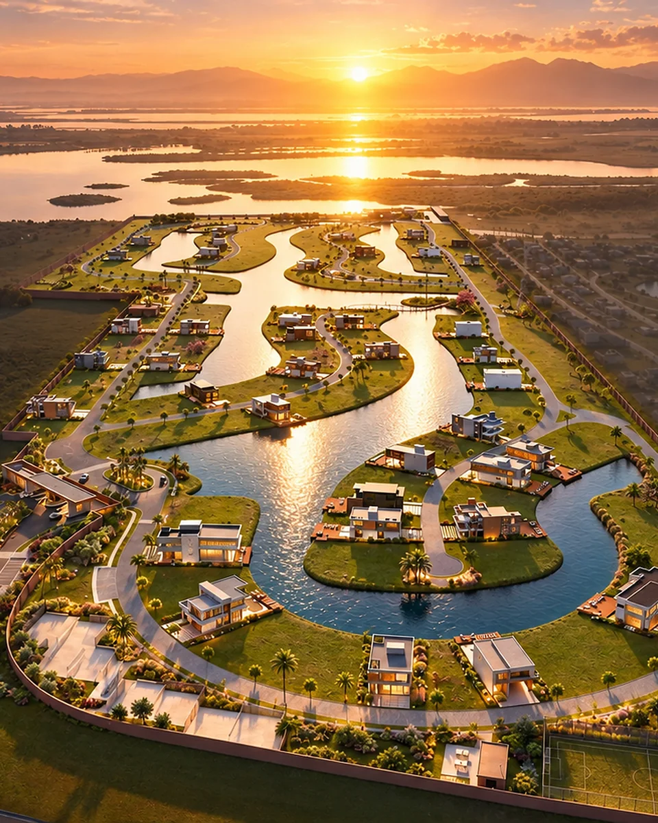 Vista aérea do Poente ao pôr do sol, com os lagos, as casas e a Lagoa do Passo